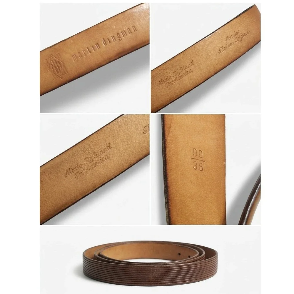Martin Dingman Mens Brown Ribbed Textured Leather Belt Silver Buckle Size 36 90